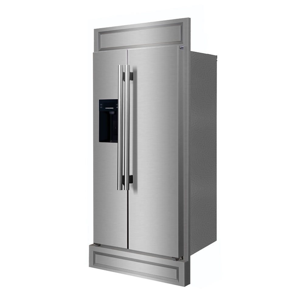 Forno Salerno 40-Inch Side-by-Side Refrigerator in stainless steel VCM, angle left close-up