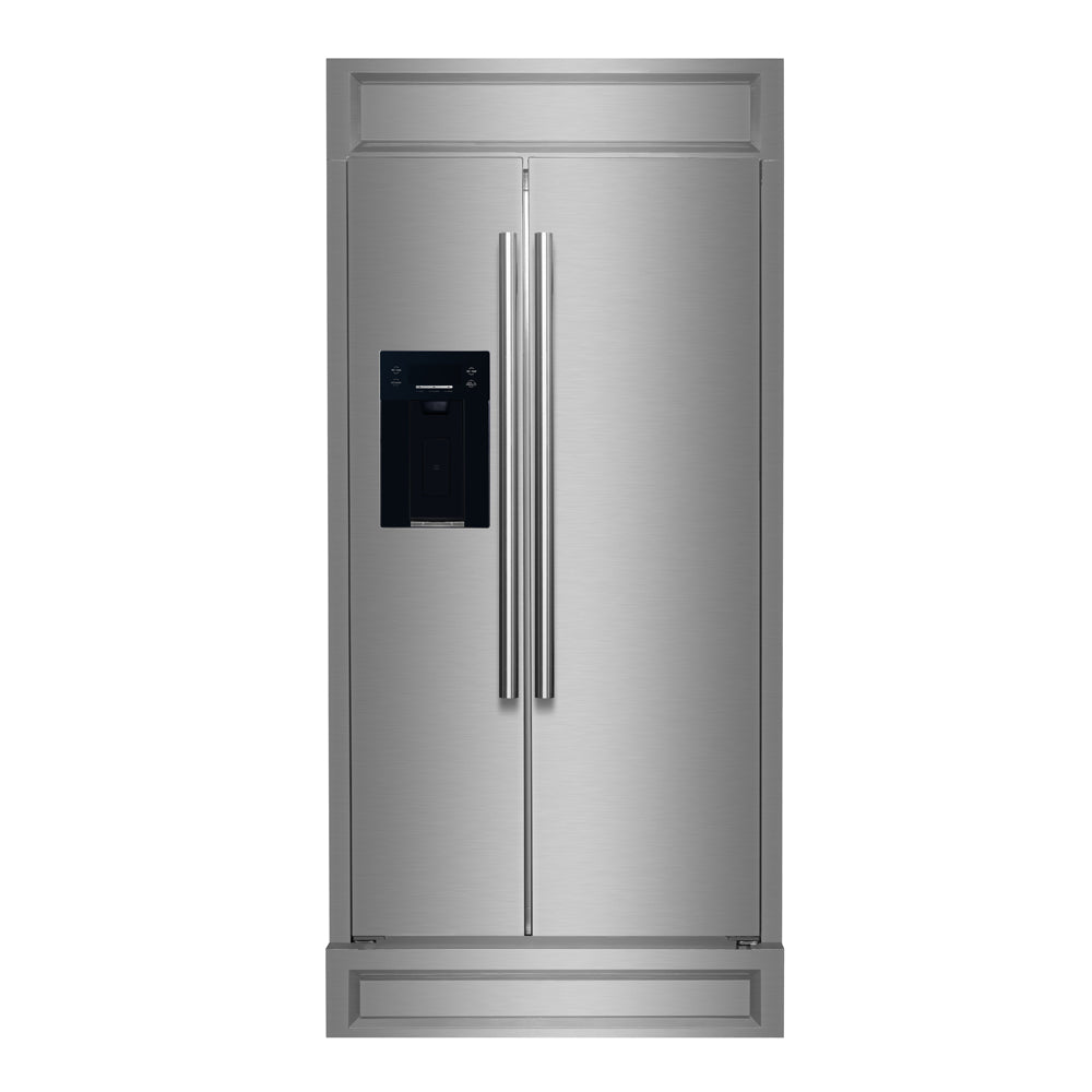 Forno Salerno 40-Inch Side-by-Side Refrigerator in stainless steel VCM, front close-up