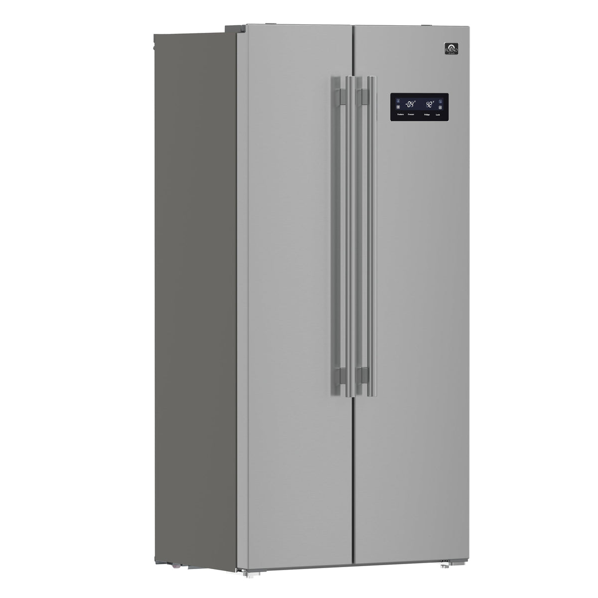 Forno Salerno 33-Inch Side-by-Side Refrigerator in stainless steel VCM, angle view
