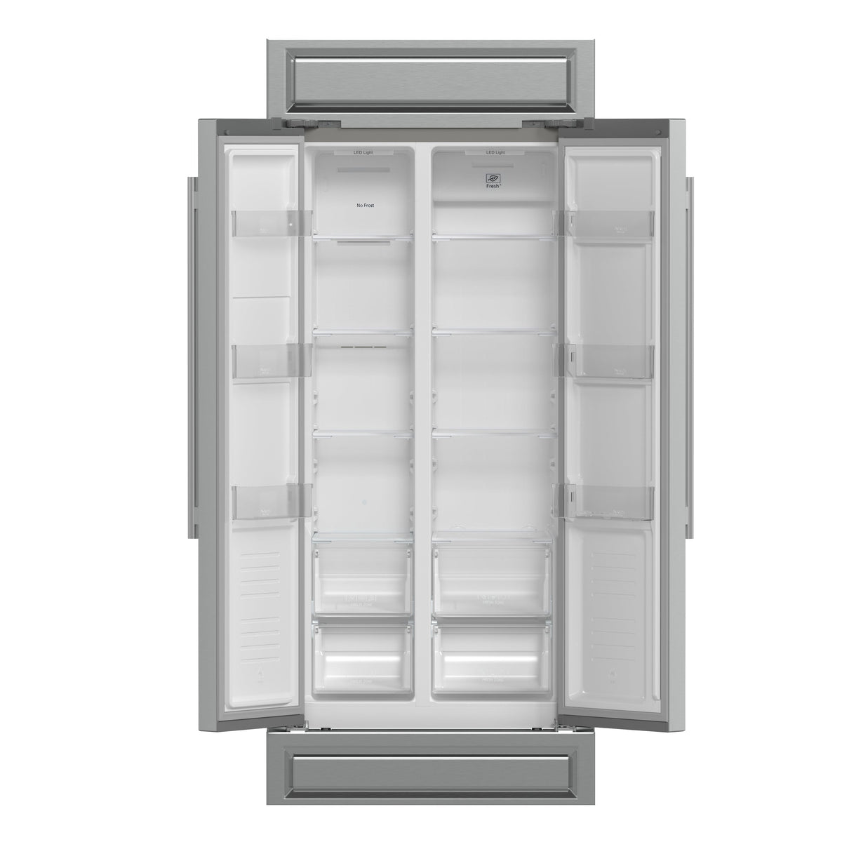 Forno Salerno 37-Inch Side-by-Side Refrigerator in stainless steel VCM, front view, door open
