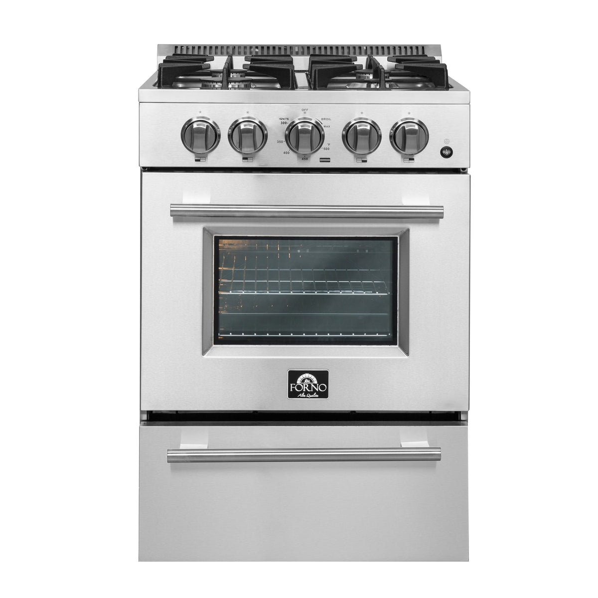 Forno Breno 24-Inch Gas Range in stainless steel, front view, view 2