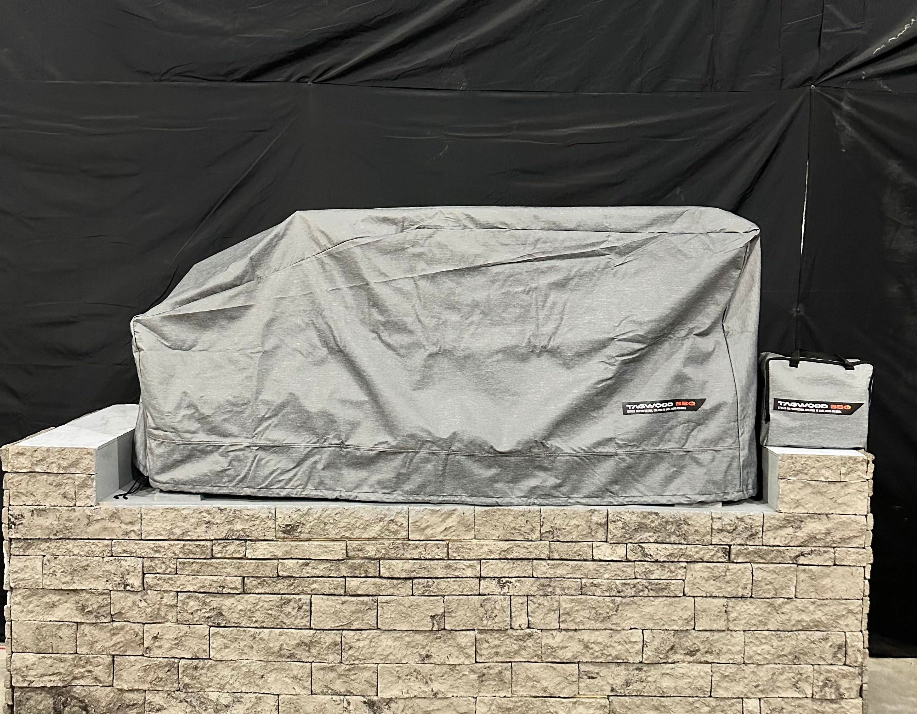 BBQ grill cover on stone base -smokeforges