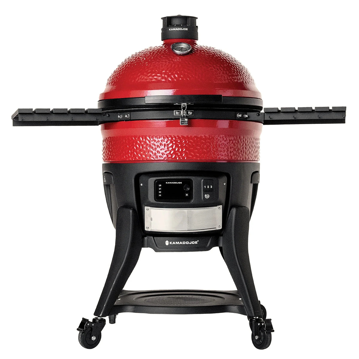 Kamado Joe Big Joe Konnected Joe 24-inch digital charcoal grill on its cart with side shelves