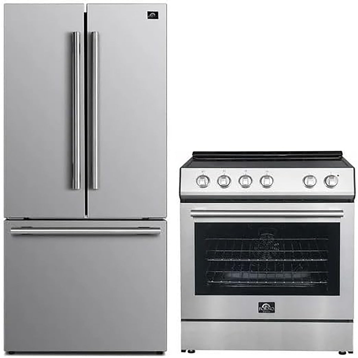 Forno Kitchen Appliance Package in stainless steel, refrigerator and range shown together
