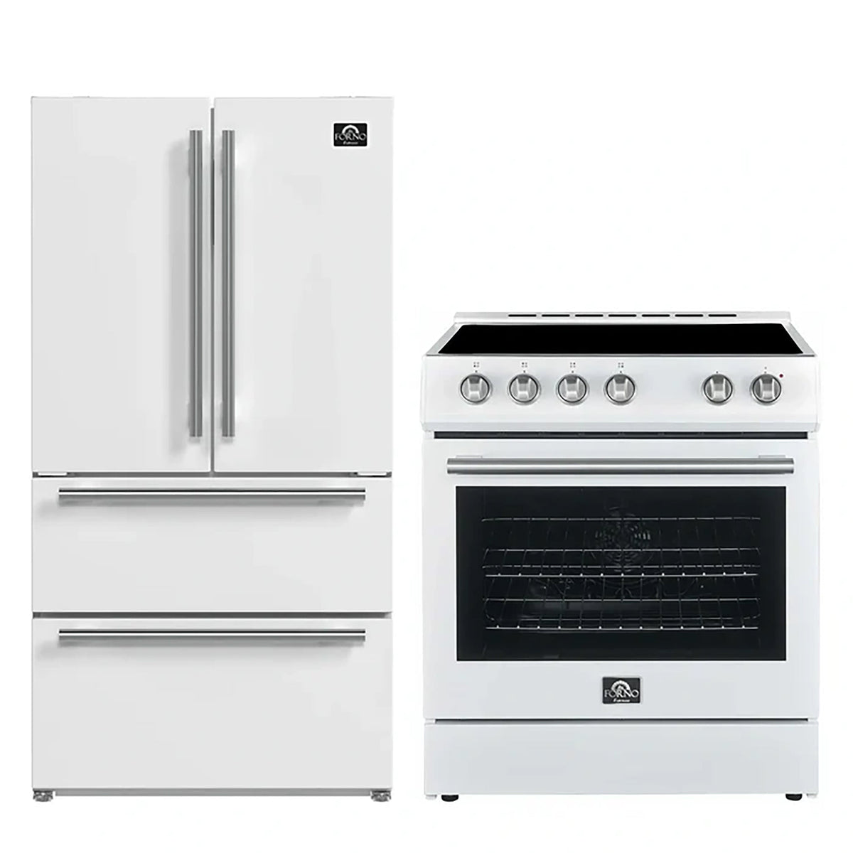 Forno Kitchen Appliance Package in white, refrigerator and range shown together with silver trim