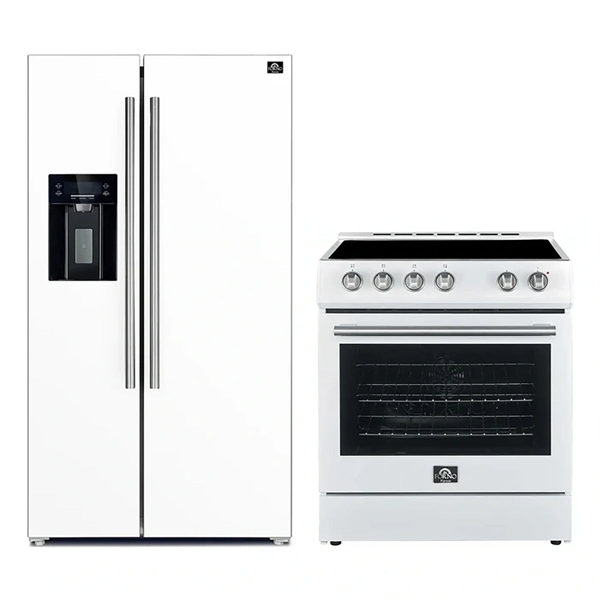 Forno Kitchen Appliance Package in white, refrigerator and range shown together with silver trim