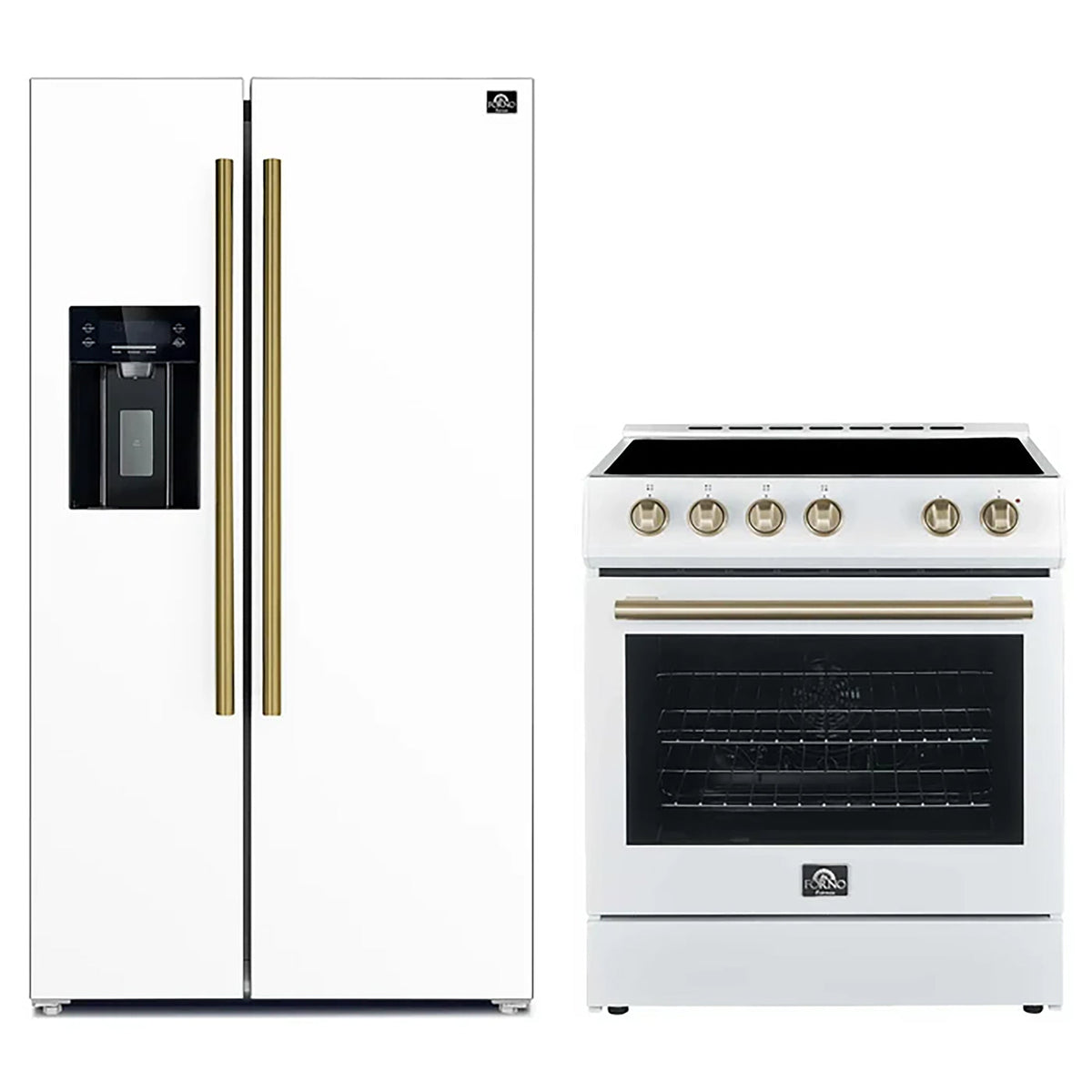 Forno Kitchen Appliance Package in white, refrigerator and range shown together with brass trim