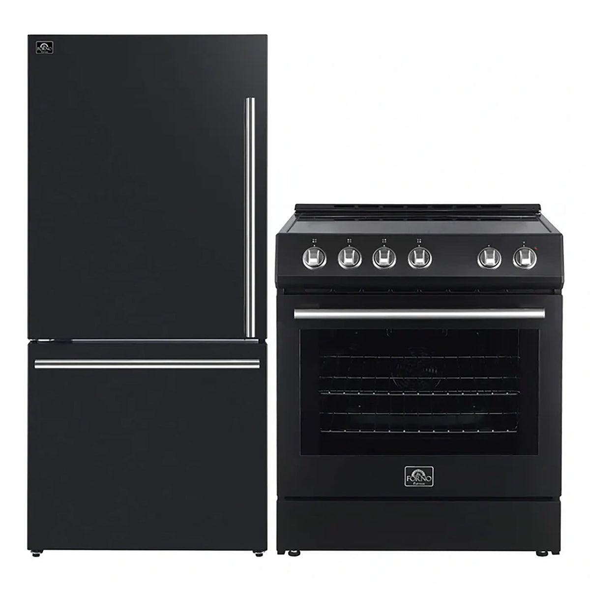 Forno Kitchen Appliance Package in black, refrigerator and range shown together with silver trim