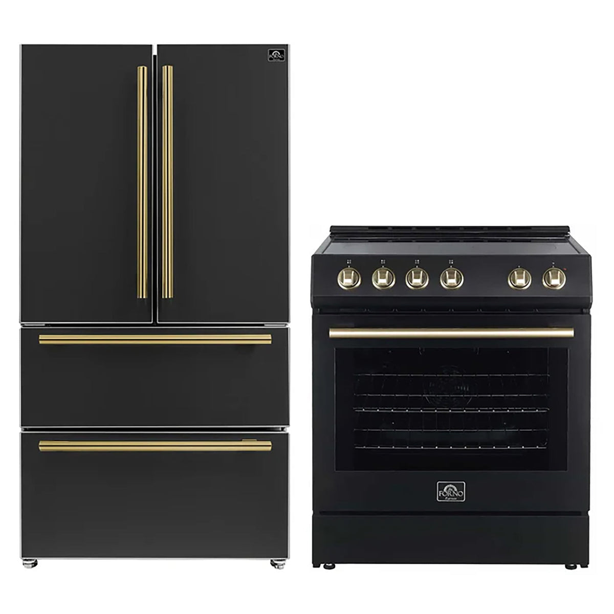 Forno Kitchen Appliance Package in black, refrigerator and range shown together with brass trim