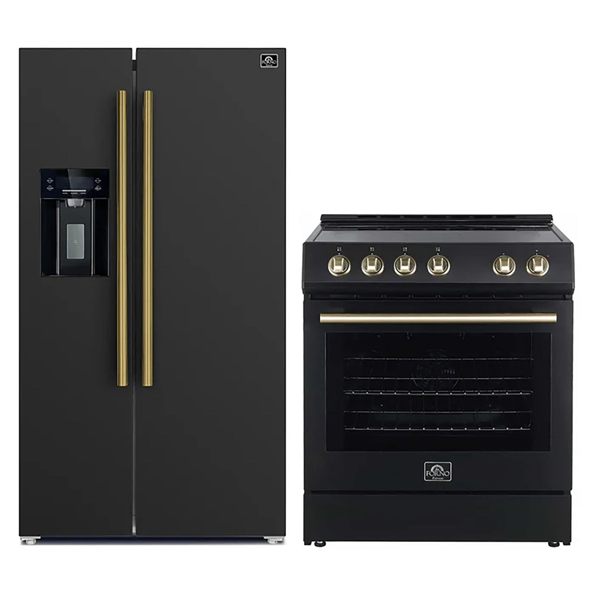 Forno Kitchen Appliance Package in black, refrigerator and range shown together with brass trim