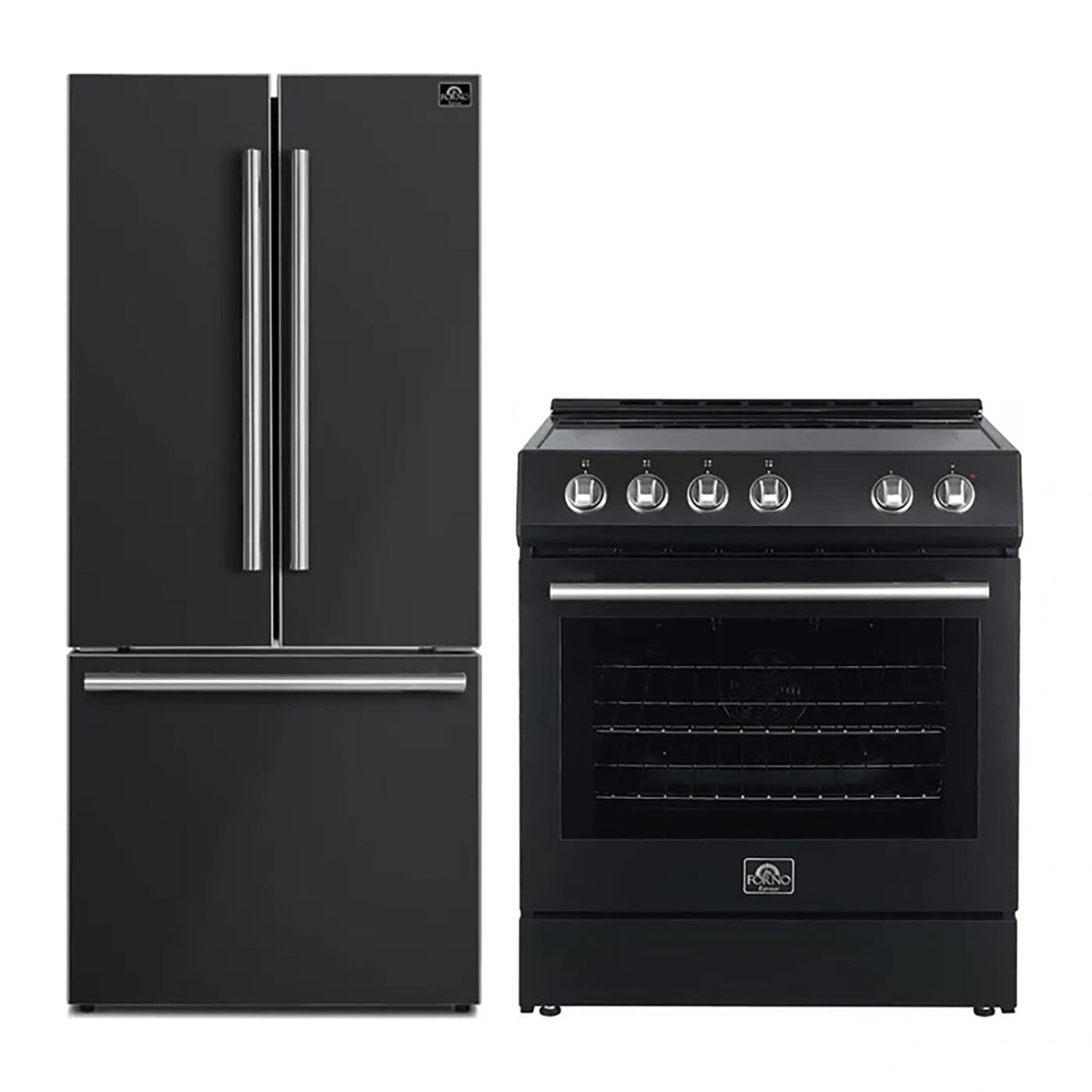Forno Kitchen Appliance Package in black, refrigerator and range shown together with silver trim