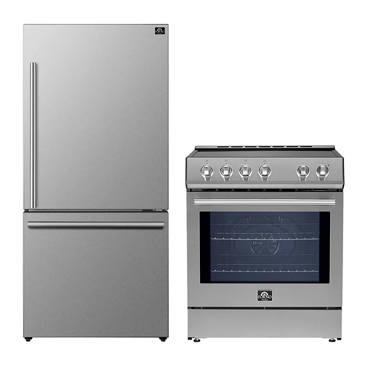 Forno Kitchen Appliance Package in stainless steel, refrigerator and range shown together