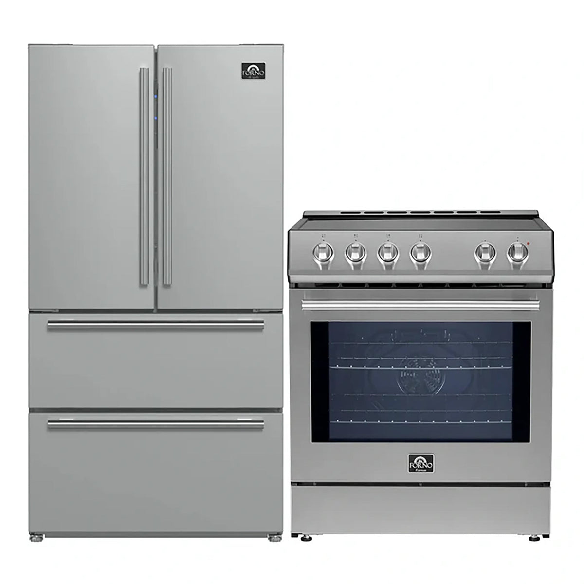 Forno Kitchen Appliance Package in stainless steel, refrigerator and range shown together