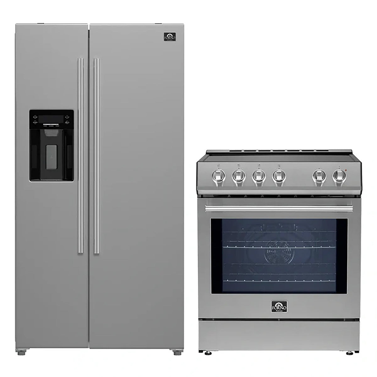 Forno Kitchen Appliance Package in stainless steel, refrigerator and range shown together