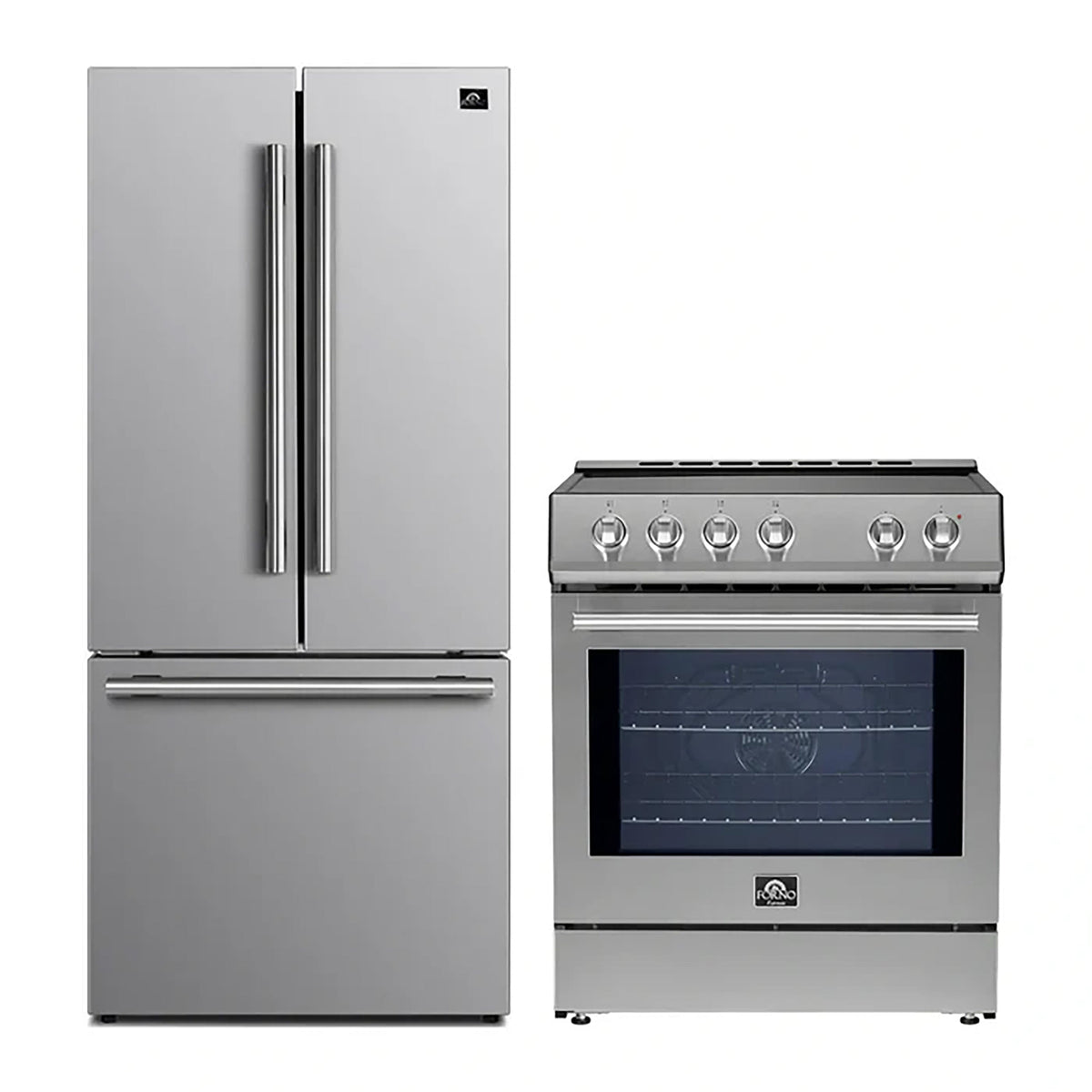Forno Kitchen Appliance Package in stainless steel, refrigerator and range shown together