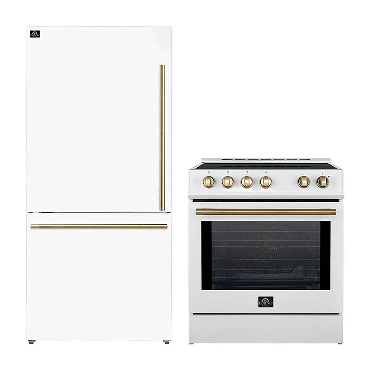 Forno Kitchen Appliance Package in white, refrigerator and range shown together with brass trim