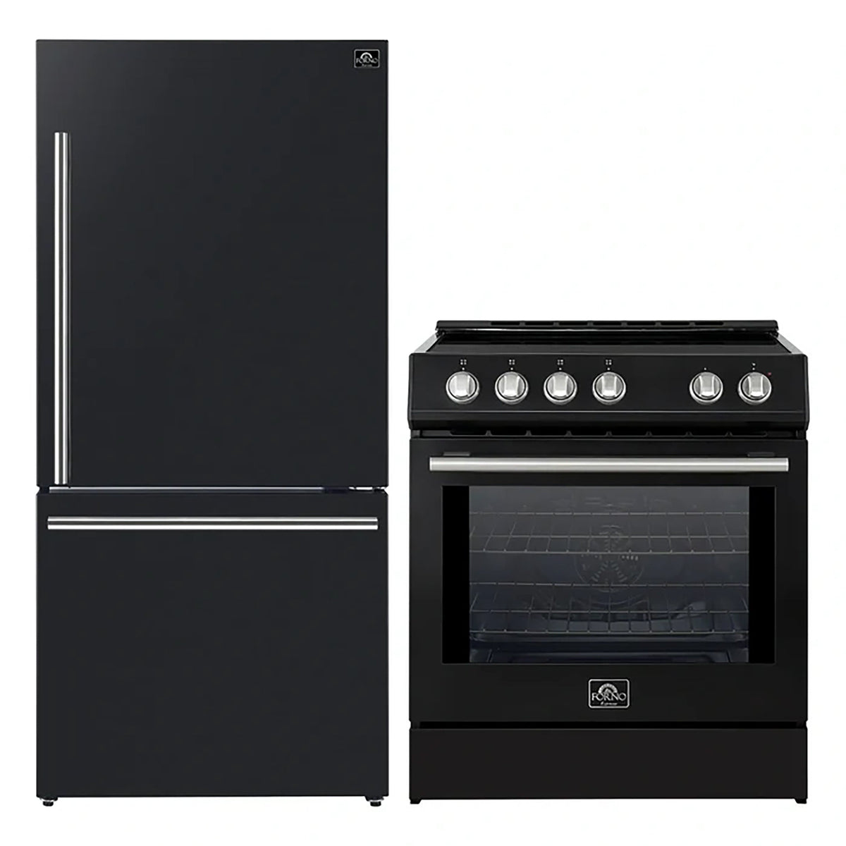 Forno Kitchen Appliance Package in black, refrigerator and range shown together with silver trim