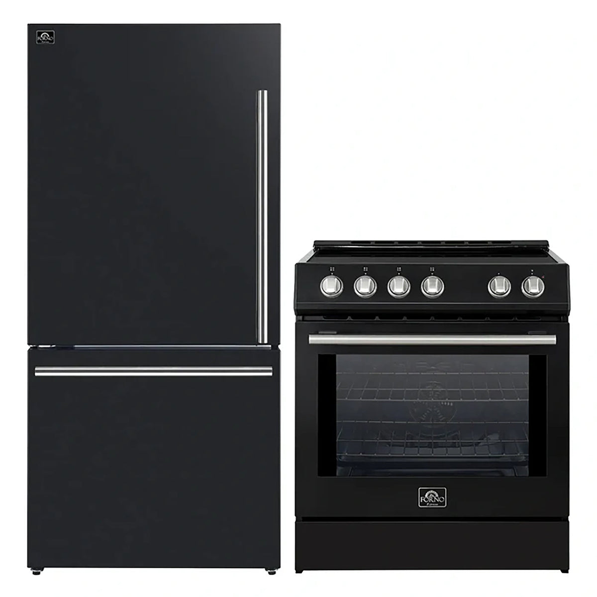 Forno Kitchen Appliance Package in black, refrigerator and range shown together with silver trim