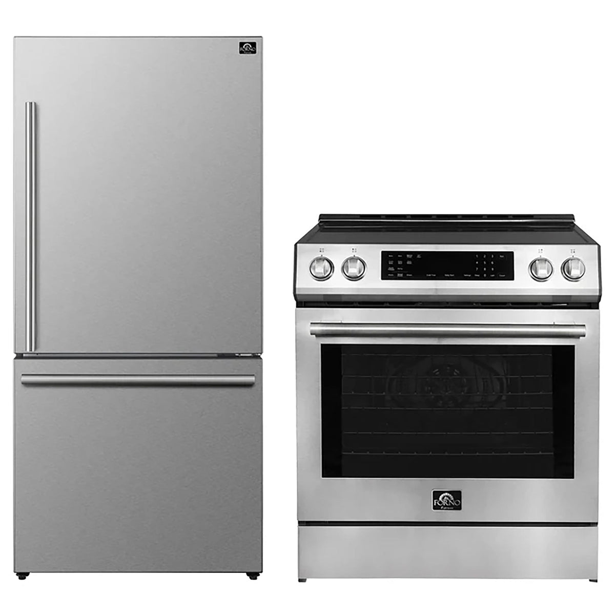 Forno Kitchen Appliance Package in stainless steel, refrigerator and range shown together