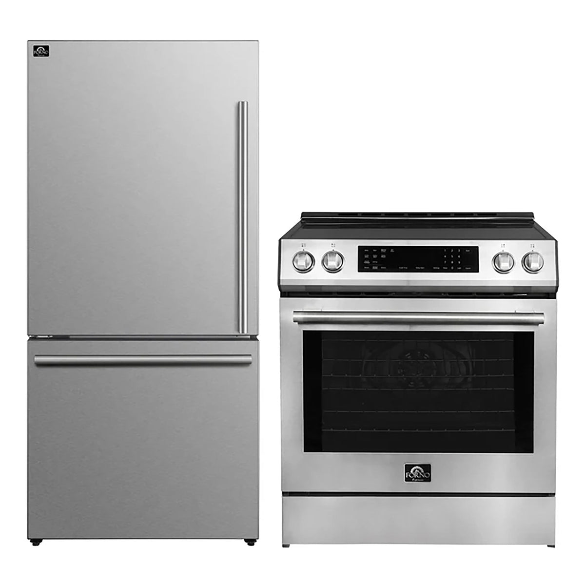 Forno Kitchen Appliance Package in stainless steel, refrigerator and range shown together