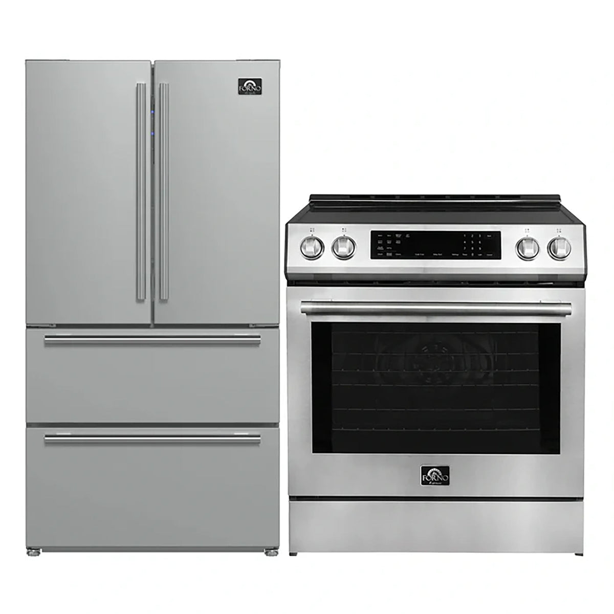 Forno Kitchen Appliance Package in stainless steel, refrigerator and range shown together