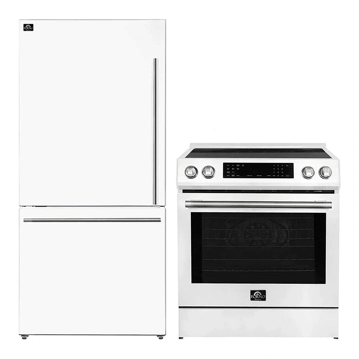 Forno Kitchen Appliance Package in white, refrigerator and range shown together with silver trim