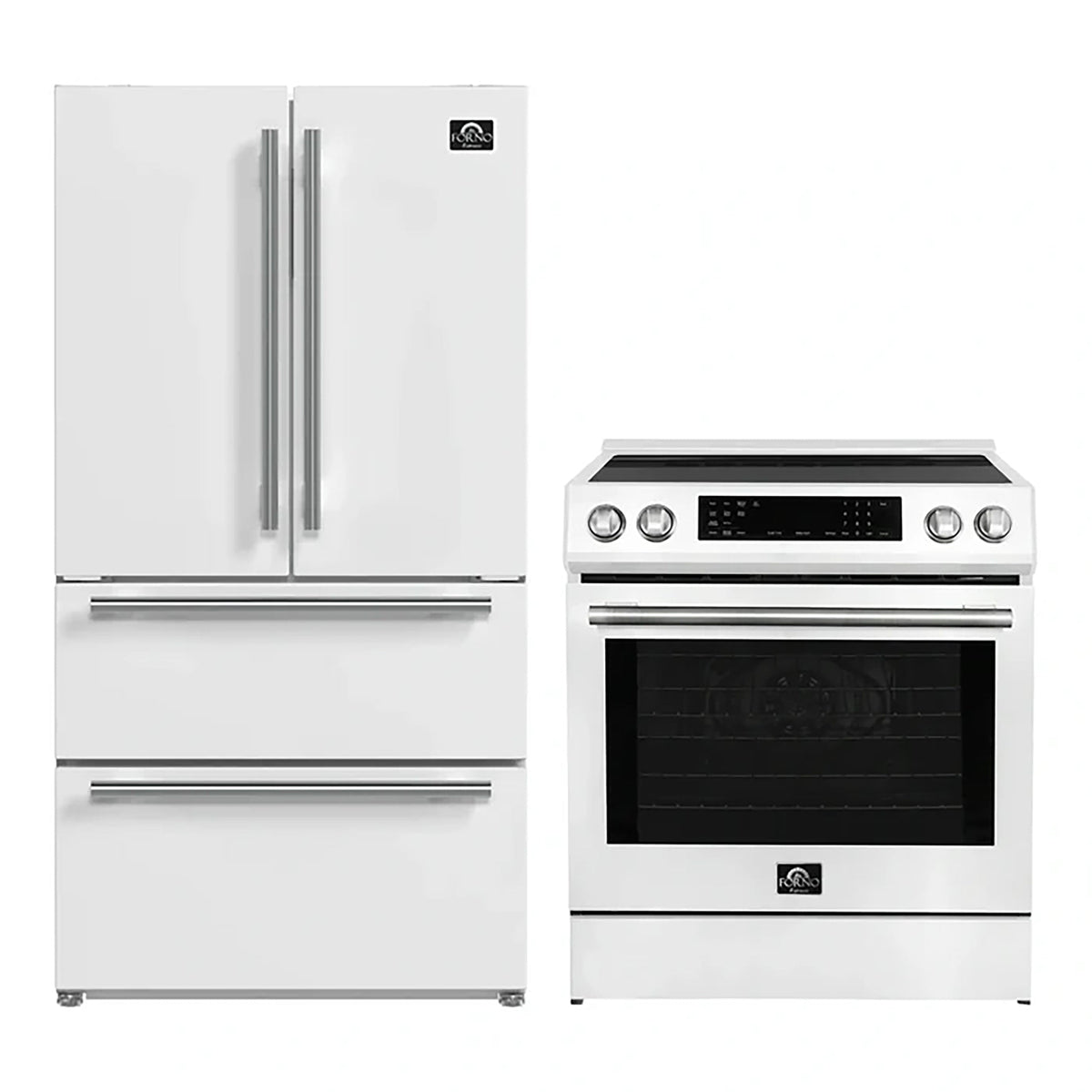 Forno Kitchen Appliance Package in white, refrigerator and range shown together with silver trim