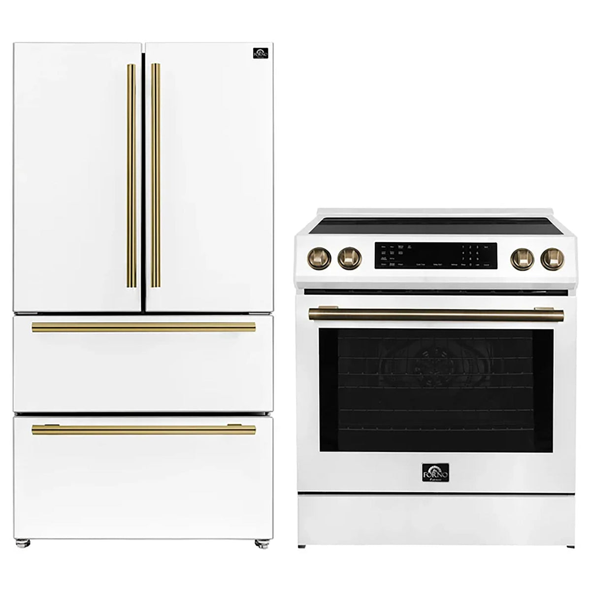 Forno Kitchen Appliance Package in white, refrigerator and range shown together with brass trim