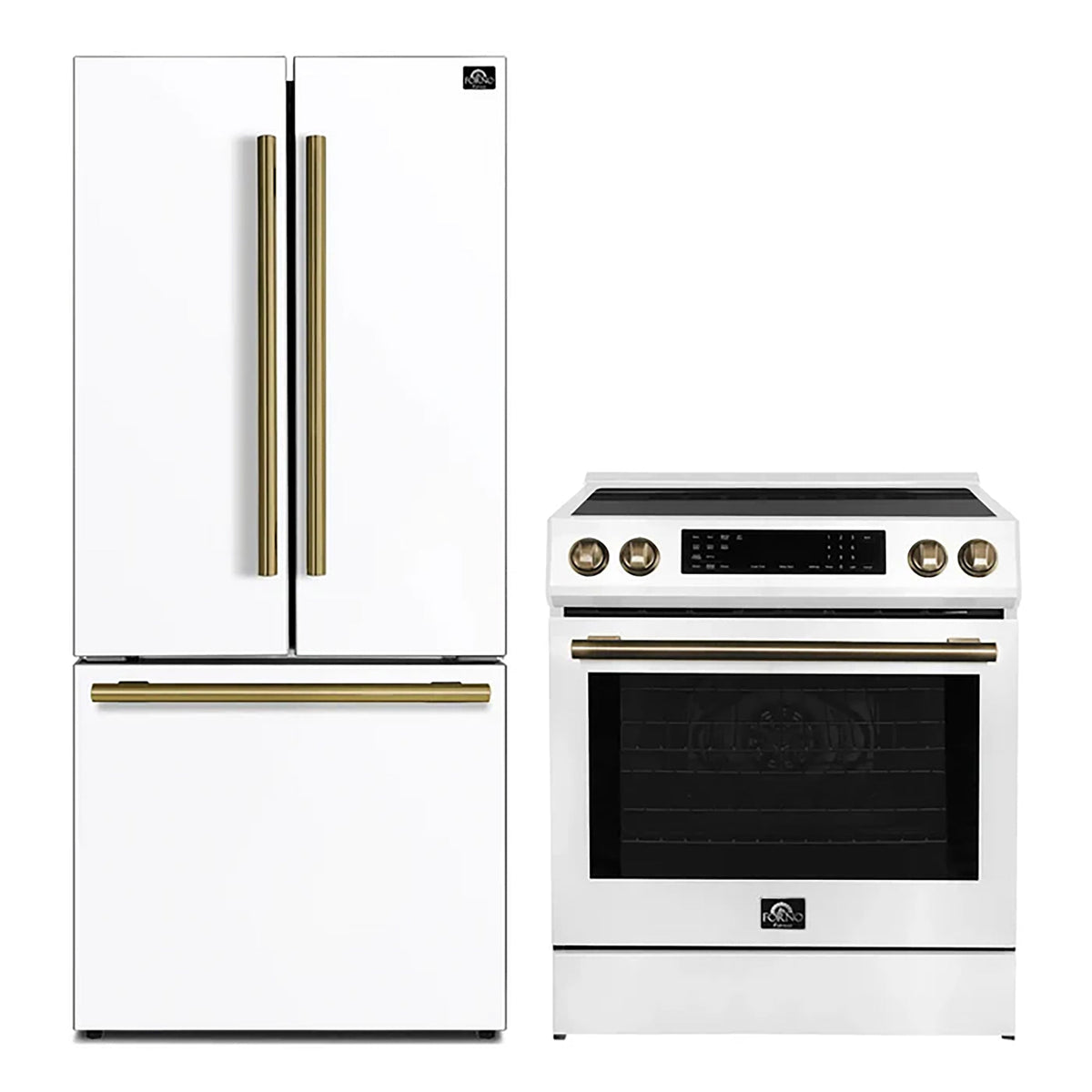 Forno Kitchen Appliance Package in white, refrigerator and range shown together with brass trim
