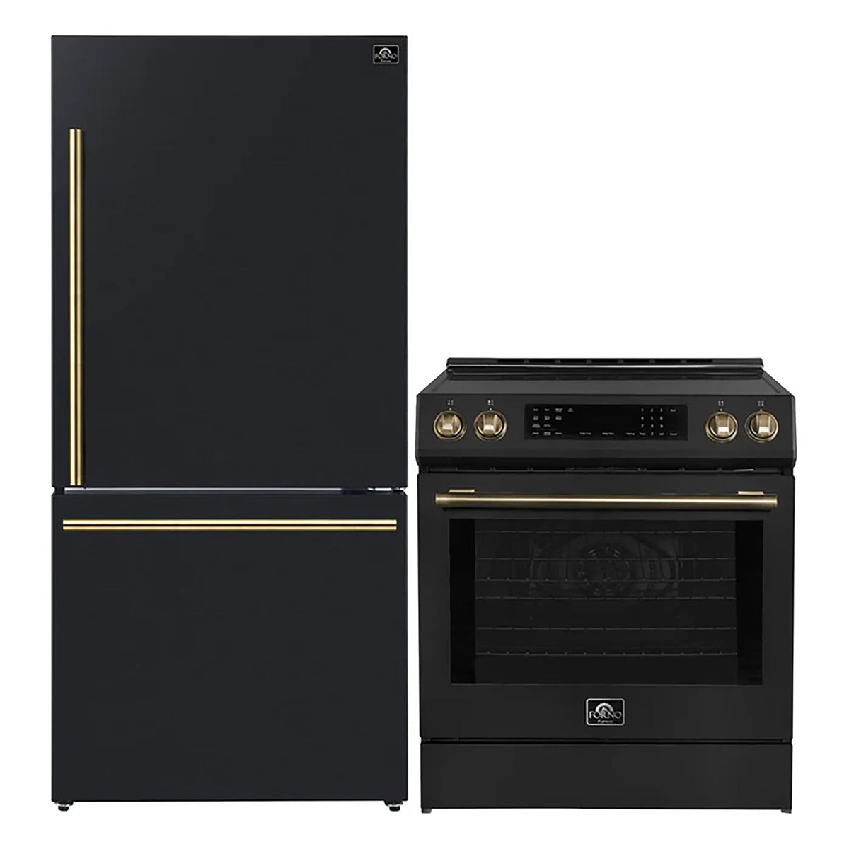 Forno Kitchen Appliance Package in black, refrigerator and range shown together with brass trim