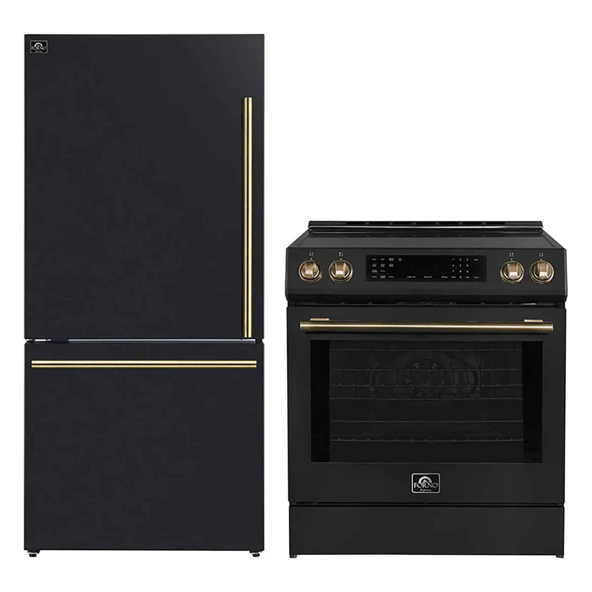 Forno Kitchen Appliance Package in black, refrigerator and range shown together with brass trim