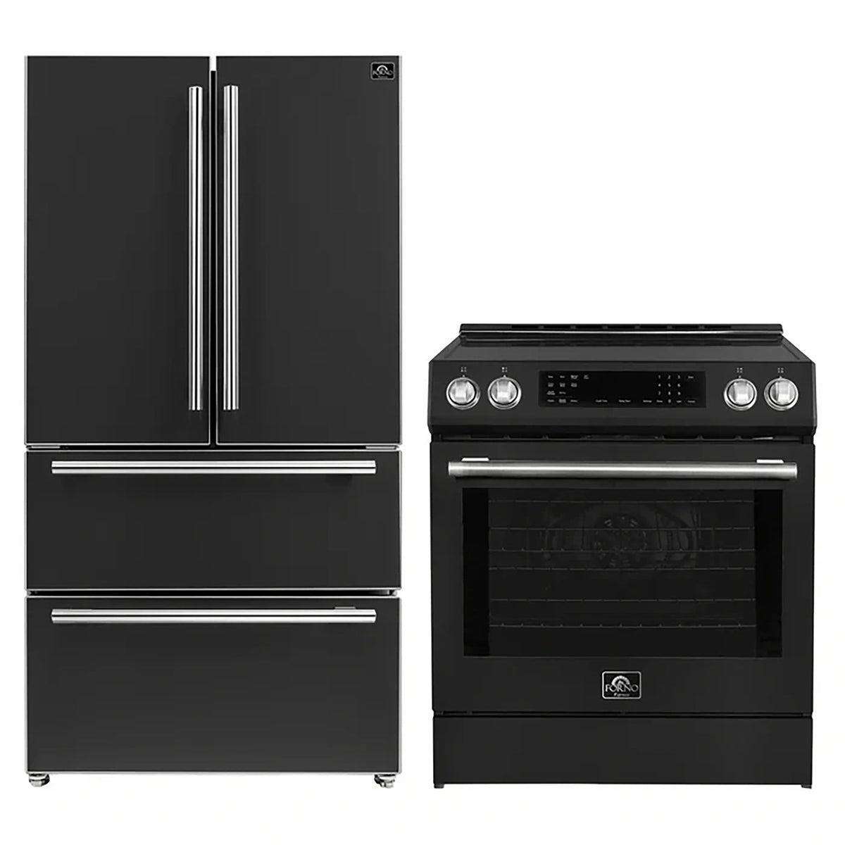 Forno Kitchen Appliance Package in black, refrigerator and range shown together with silver trim
