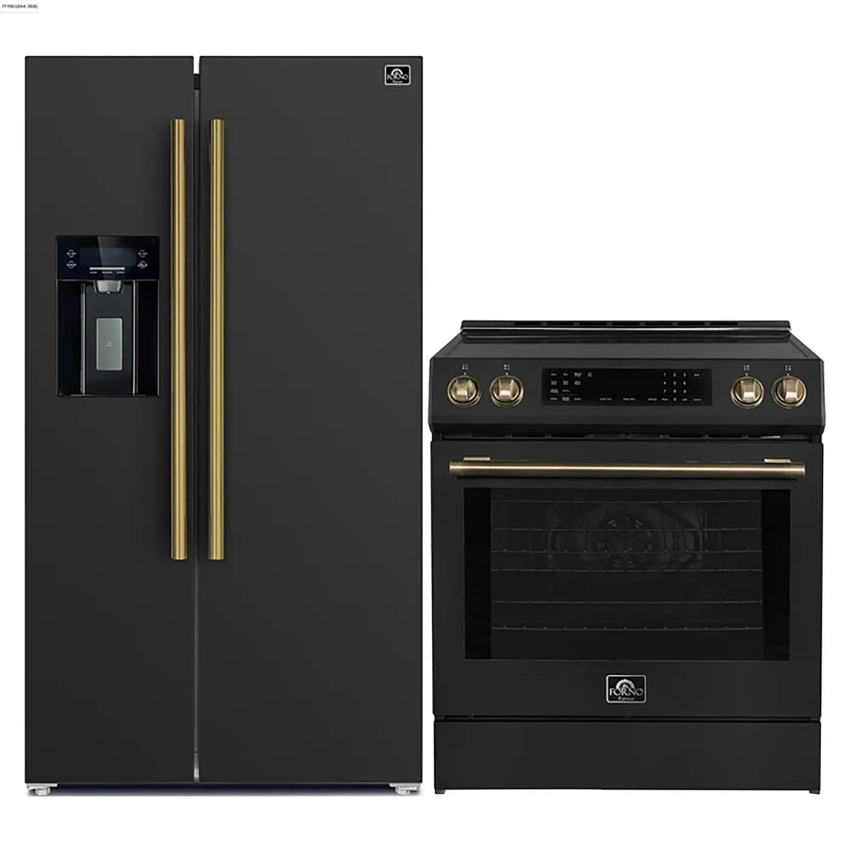 Forno Kitchen Appliance Package in black, refrigerator and range shown together with brass trim