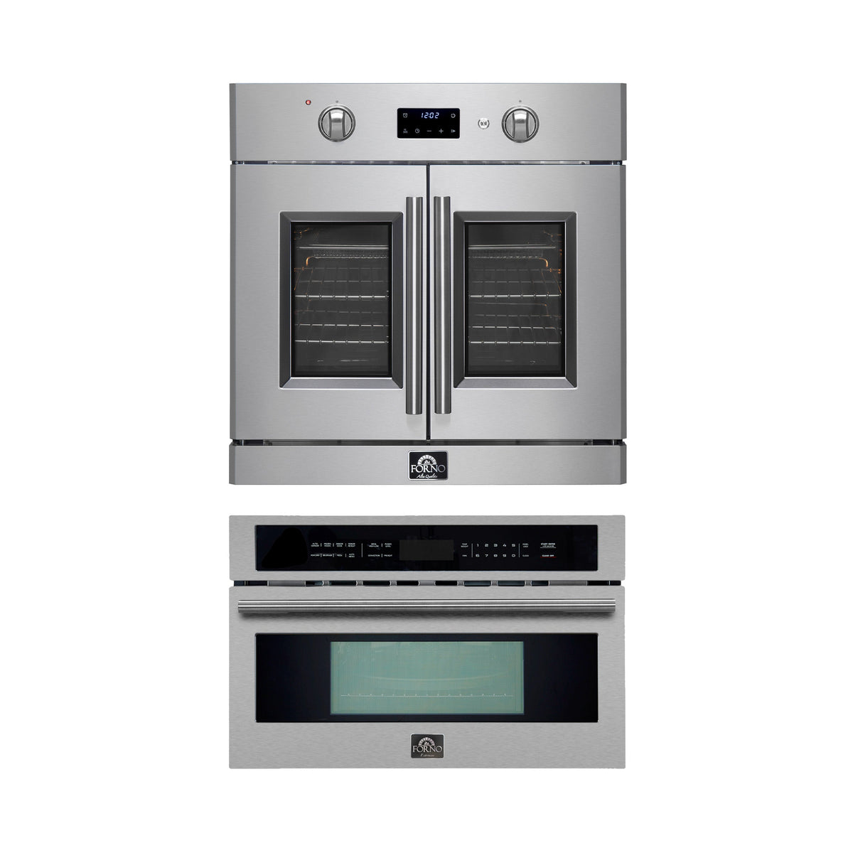 Forno Kitchen Appliance Package in stainless steel, wall oven and microwave shown together
