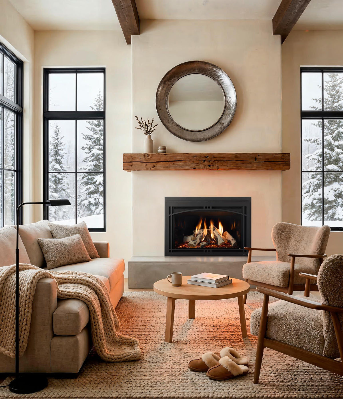 Majestic Ruby Platinum 35 gas insert with black glass, birch logs and contemporary arch front