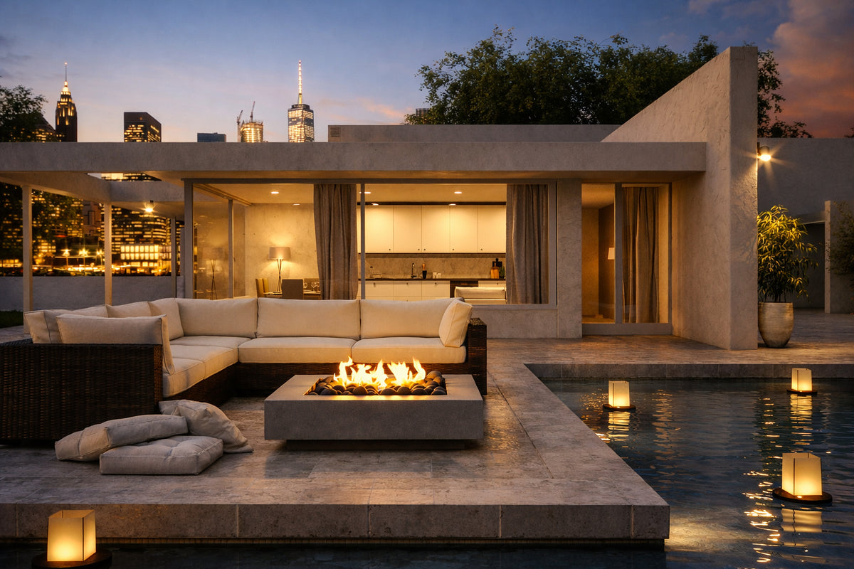 Studio Nisho Notus GFRC fire feature installed in an outdoor setting