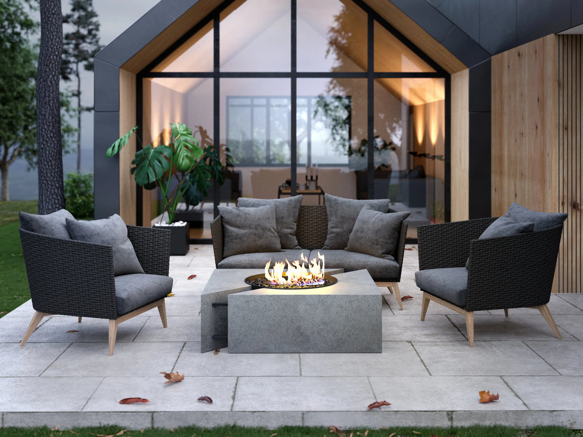 Studio Nisho Chaos GFRC fire feature installed in an outdoor setting