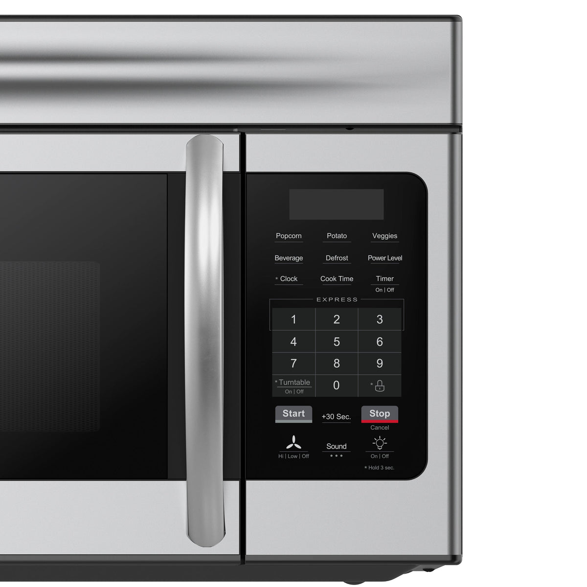 Forno Scalo 30-Inch Over-the-Range Microwave in stainless steel, close-up display