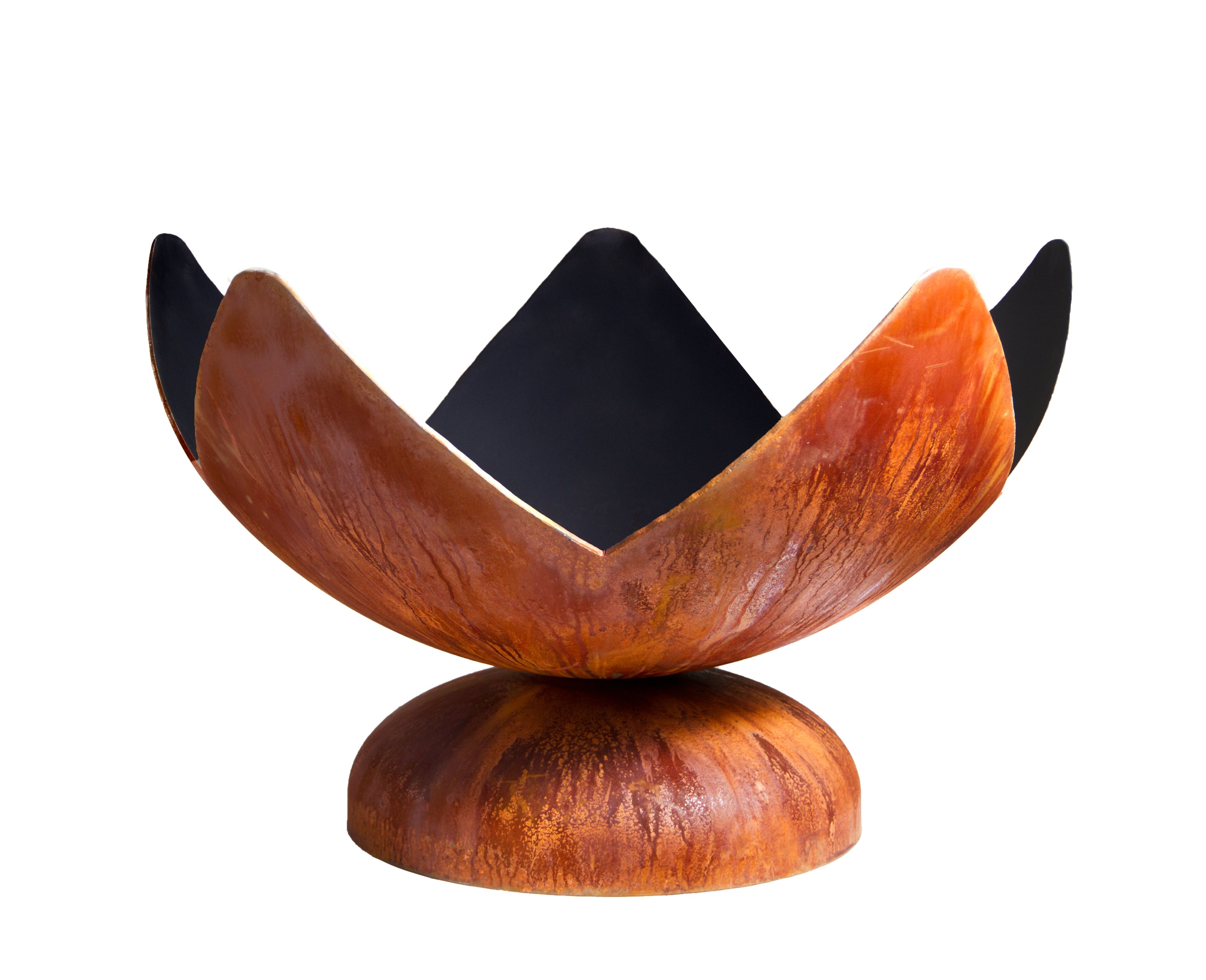 Rusted metal fire bowl shaped like a lotus flower on a round base -smokeforges