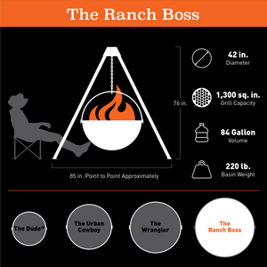 Cowboy Cauldron Ranch Boss 42" Fire Pit & Grill specifications and dimensions