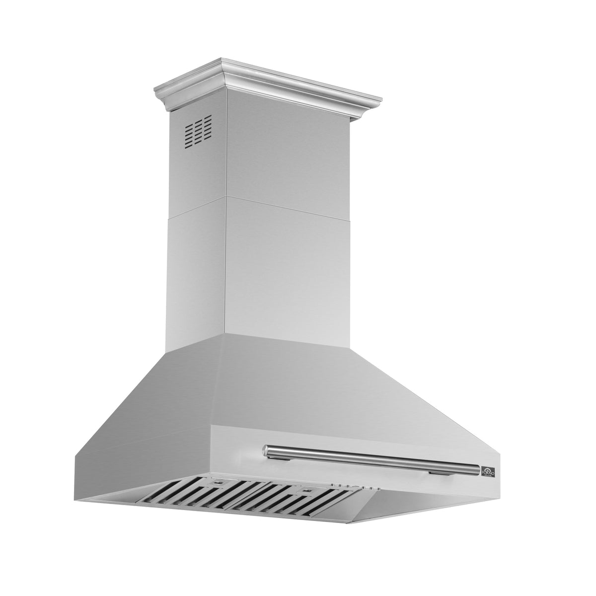 Forno Aria 30-Inch Range Hood in stainless steel, left angle view