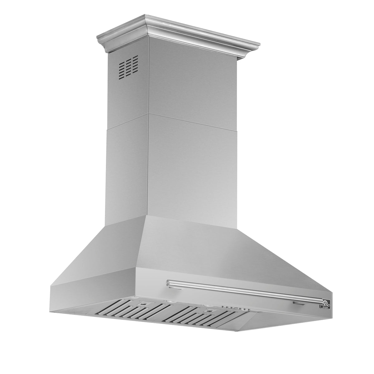 Forno Aria 36-Inch Range Hood in stainless steel, left angle view