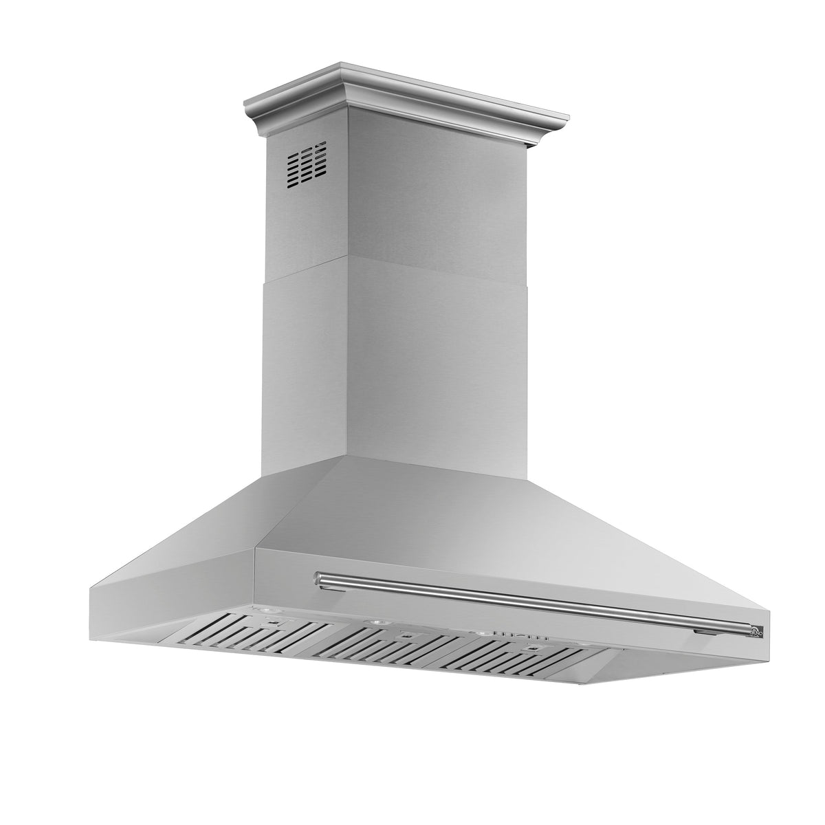 Forno Aria 48-Inch Range Hood in stainless steel, left angle view