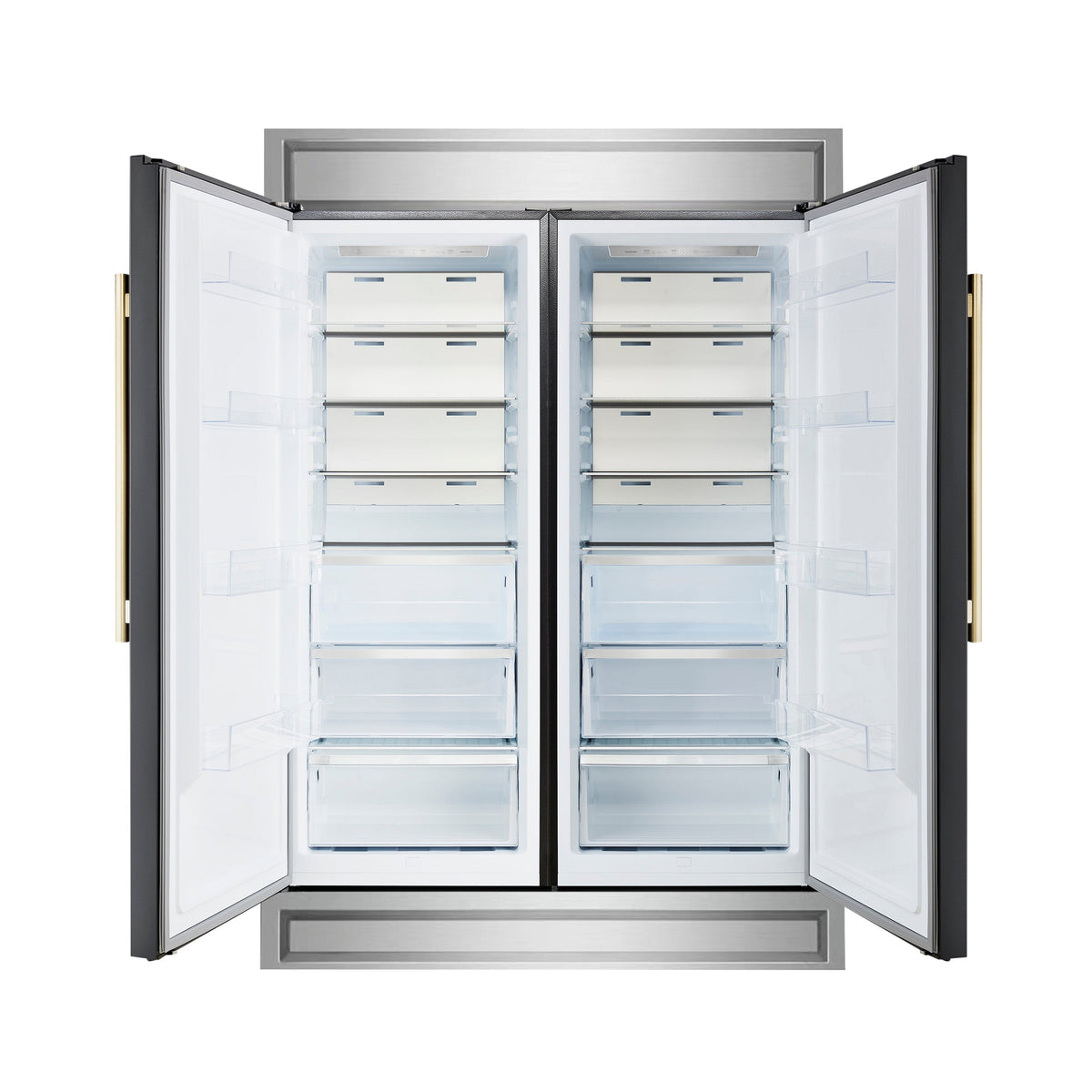 Forno Maderno 28-Inch Side-by-Side Refrigerator in black, front view, door open