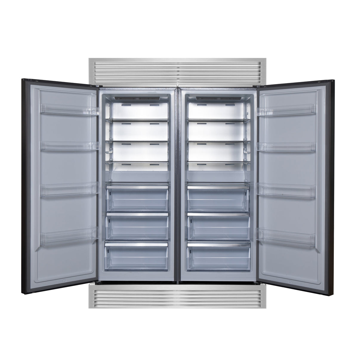 Forno Maderno 28-Inch Side-by-Side Refrigerator in stainless steel VCM, front view, door open