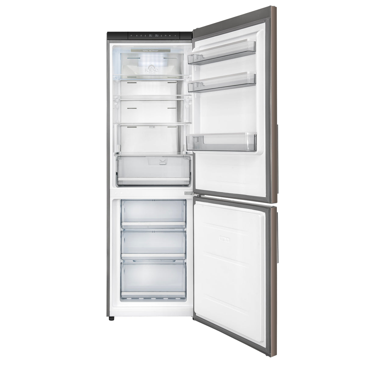 Forno Custodia 24-Inch Bottom Freezer Refrigerator in stainless steel, front view, door open
