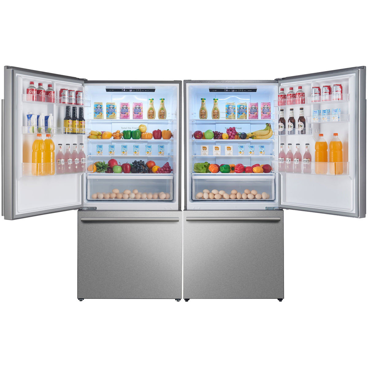 Forno Milano 62-Inch Side-by-Side Refrigerator in stainless steel, front door open