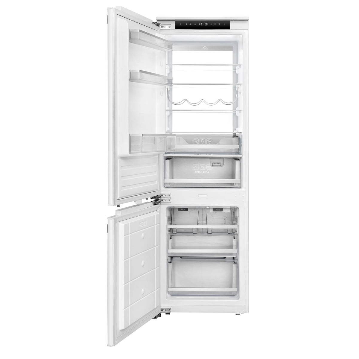 Forno Rivestito 22-Inch Bottom Freezer Refrigerator in white, front view, door open