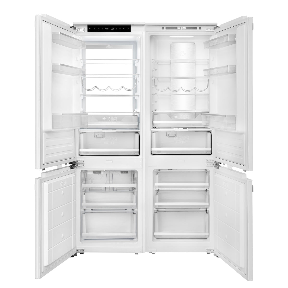 Forno Rivestito 42-Inch Bottom Freezer Refrigerator in white, front view, door open