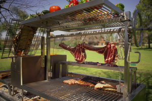 Tagwood BBQ Argentine Santa Maria grill with meat cooking in outside - Smokeforges
